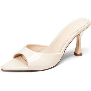 Women's Beige Heeled Mules Pointed Peep Toe High Heels Slip On Backless Mule